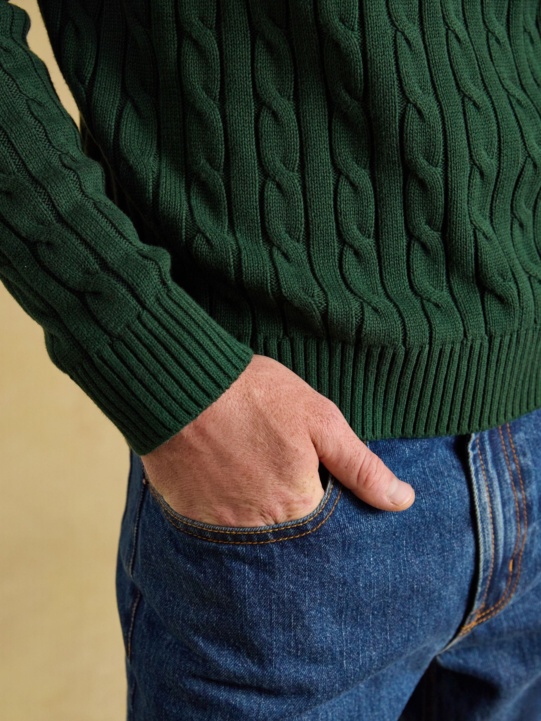 Green Crew Neck Cotton Cable Knit Jumper