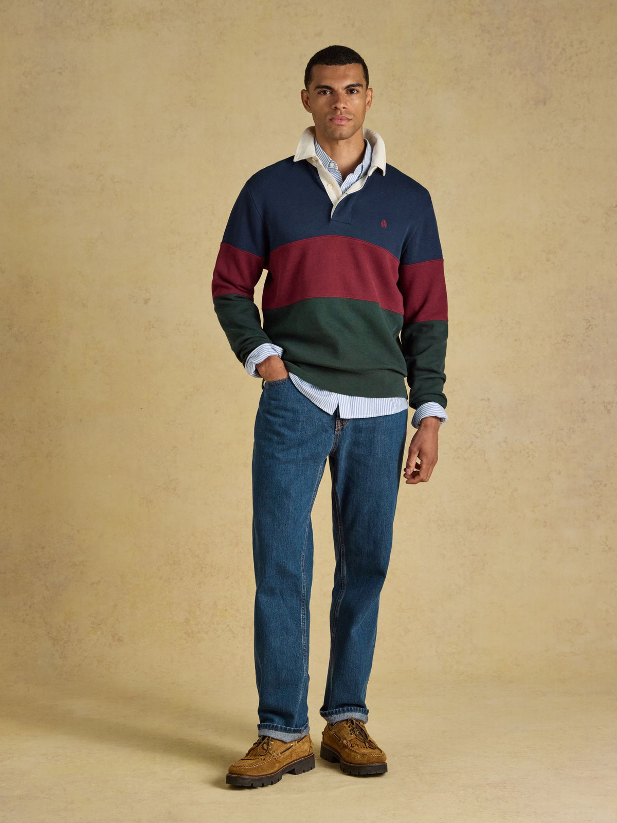 French Rib Long Sleeve Rugby Sweatshirt - Green & Navy