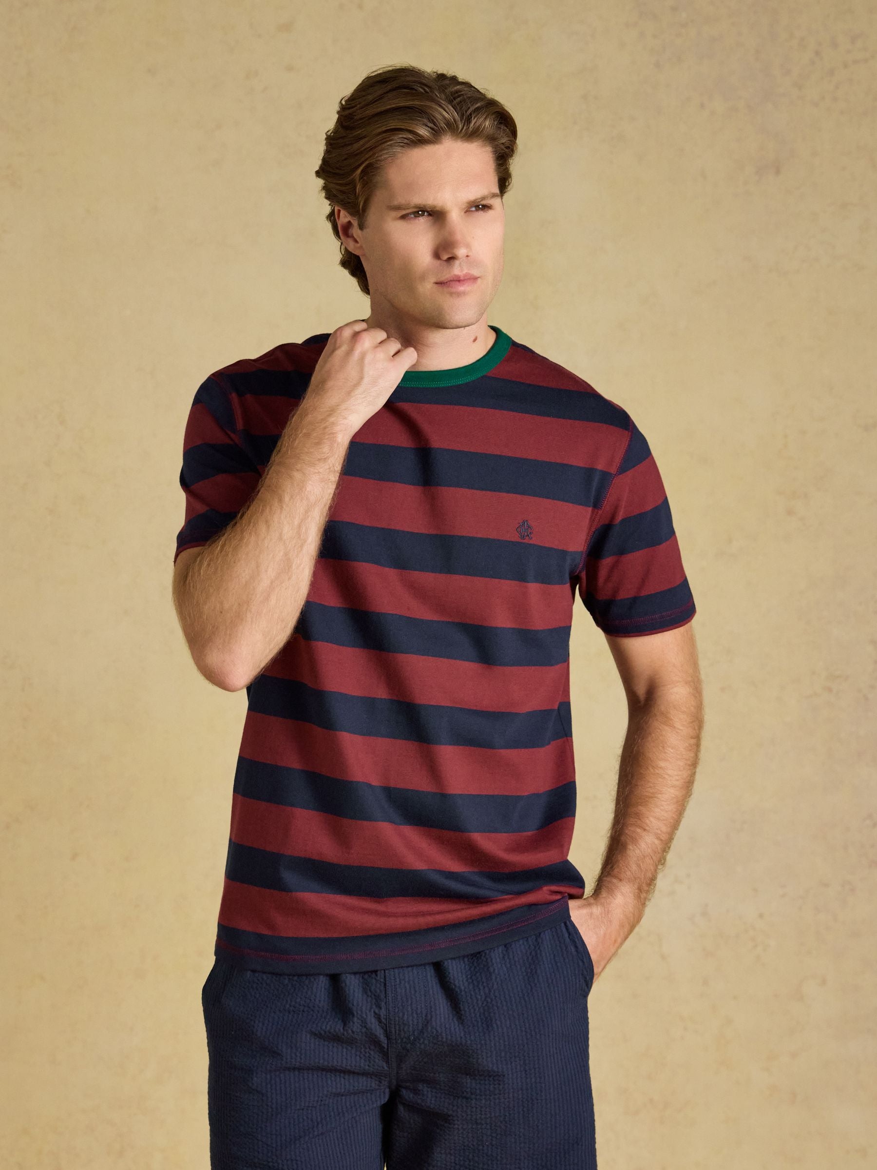 Rugby Club Navy & Red Striped Crew Neck Cotton T-Shirt