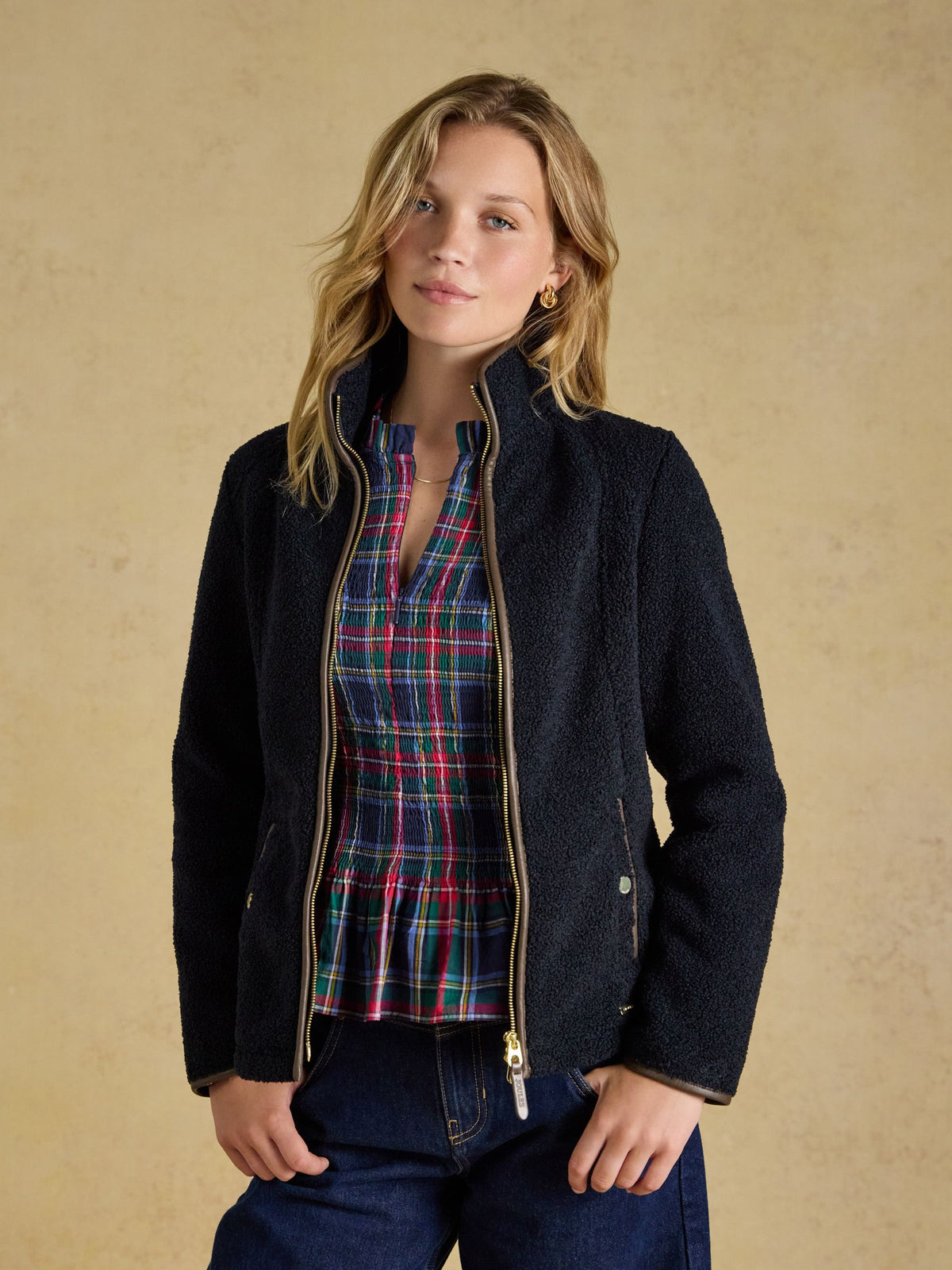 Regular Zip Through Borg Fleece - Navy