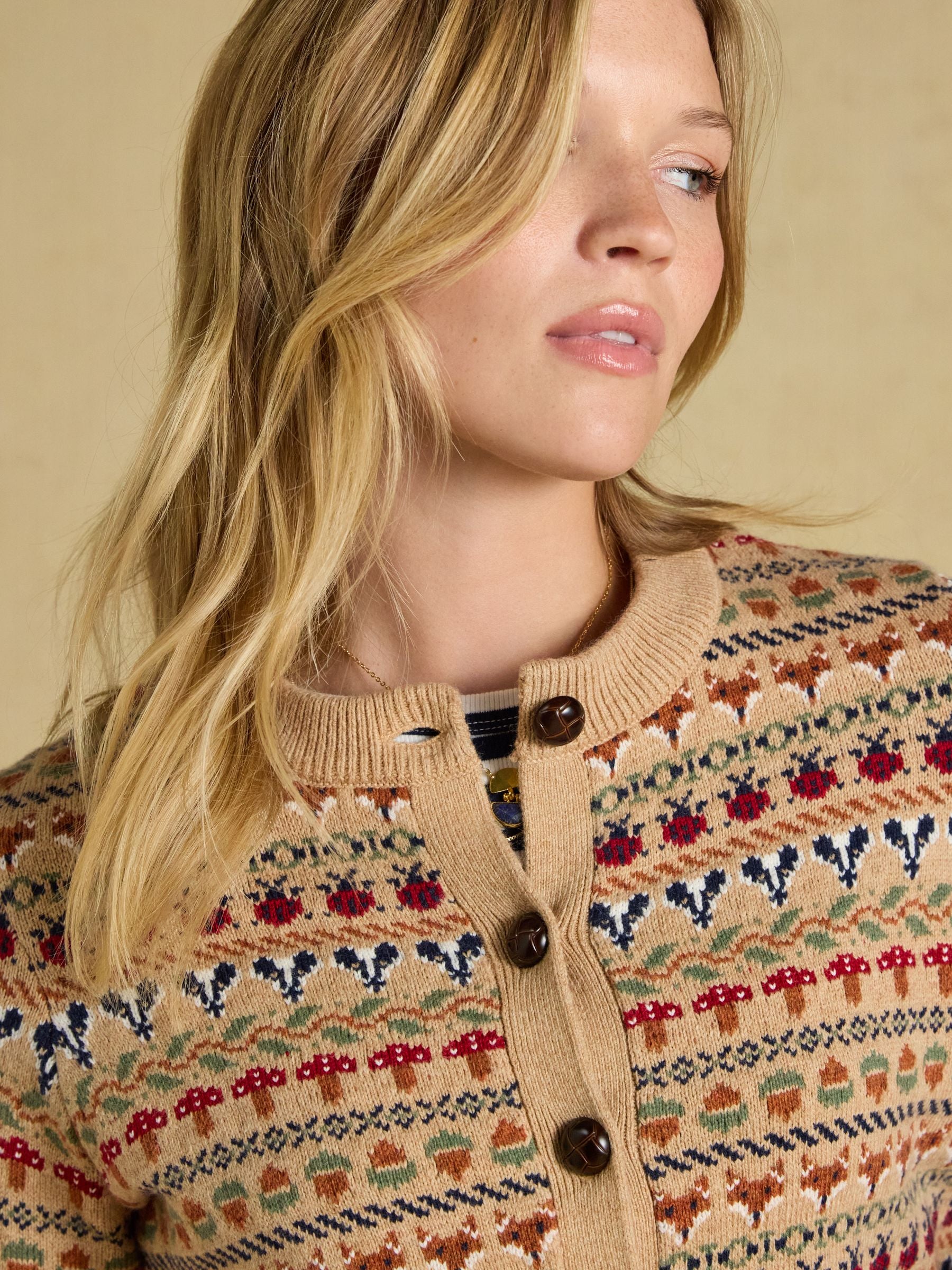 Woodland Pattern Oatmeal Cotton Blend Knitted Cardigan