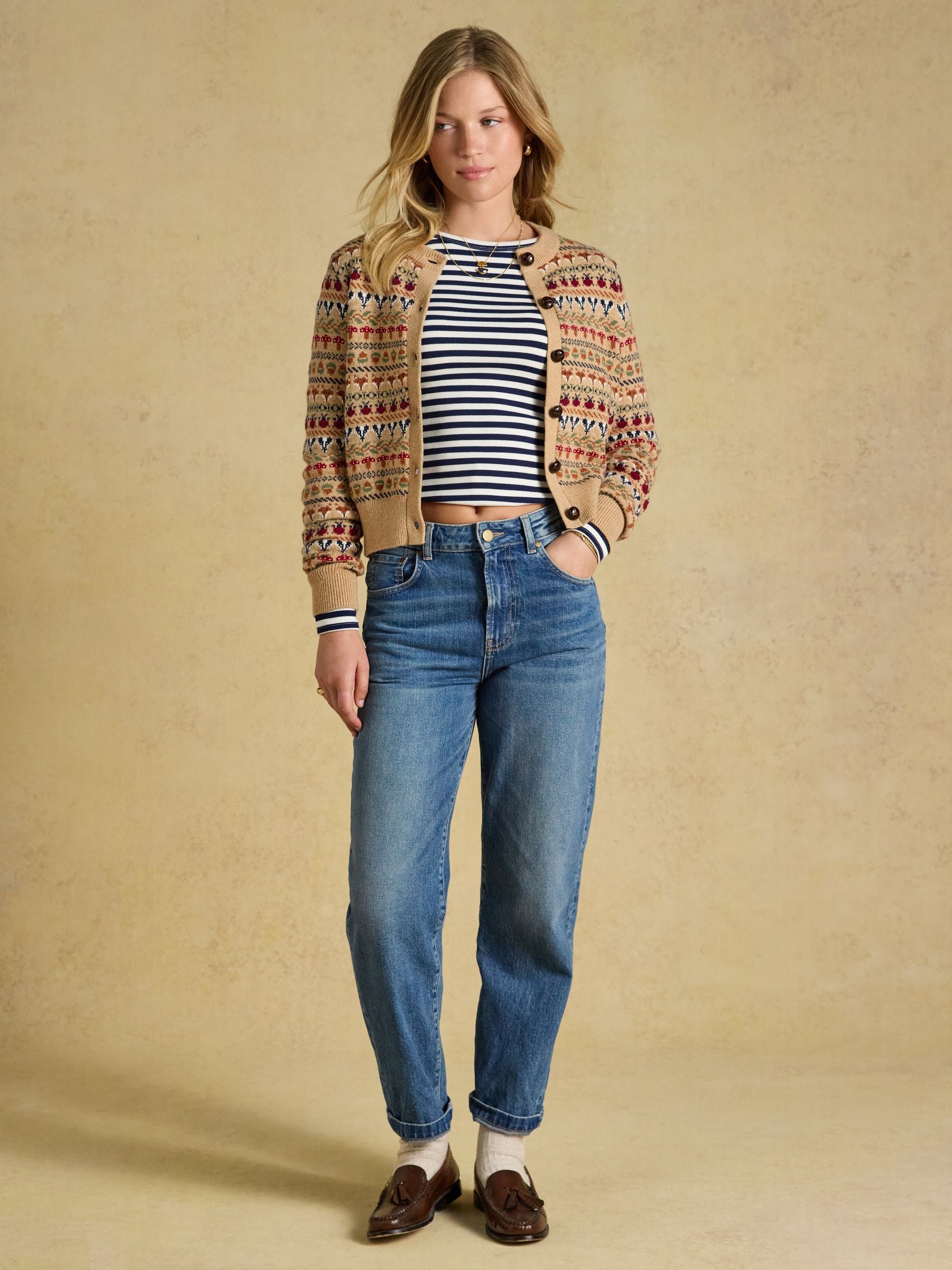 Woodland Pattern Oatmeal Cotton Blend Knitted Cardigan
