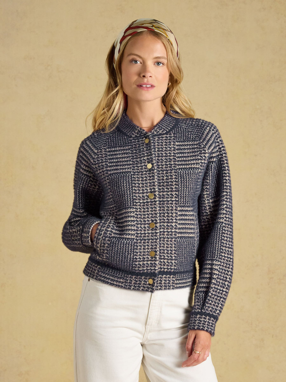 Soft Touch Patterned Knitted Jacket - Navy