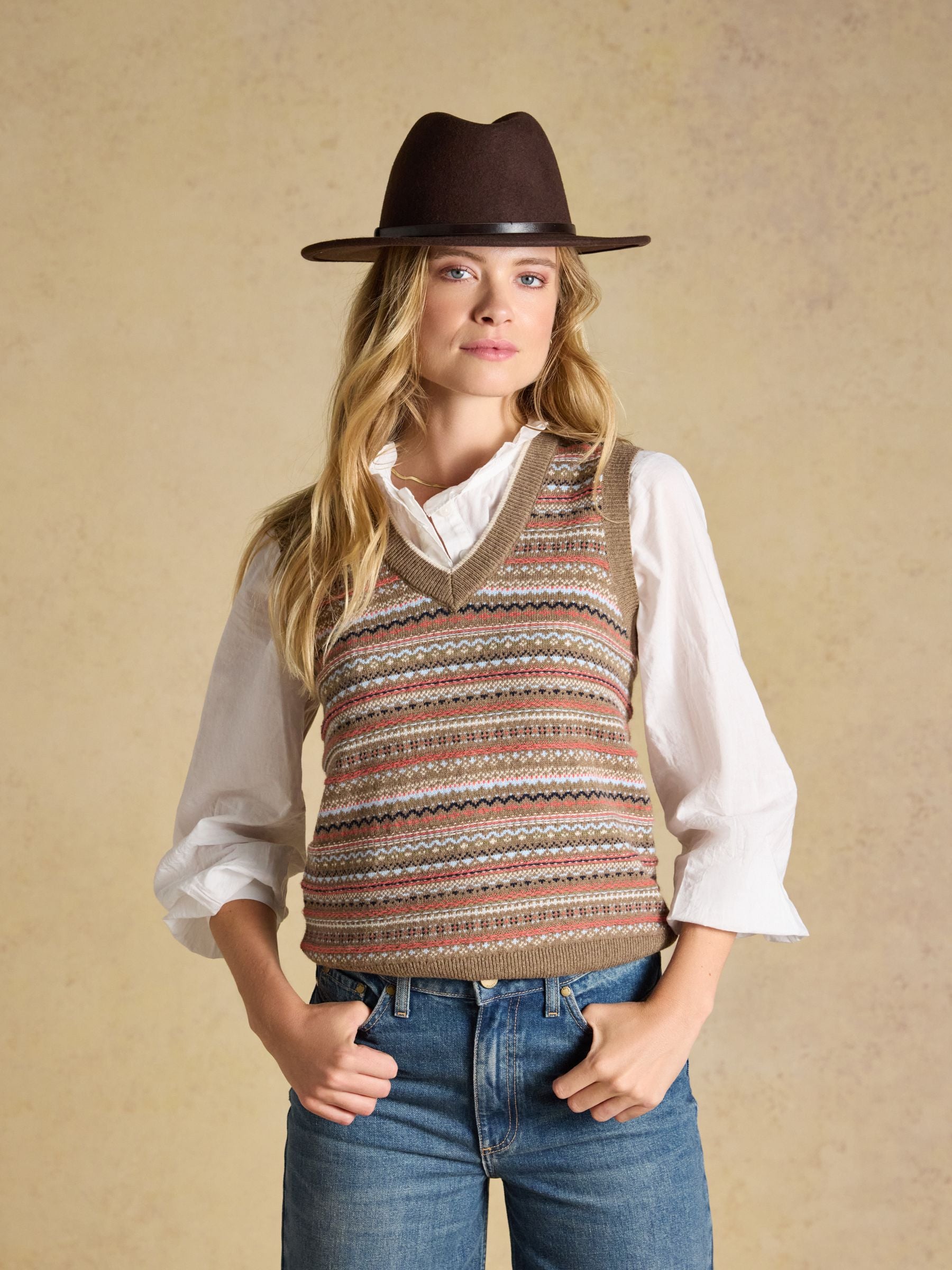 Tan Brown Cotton Rich V-Neck Knitted Vest