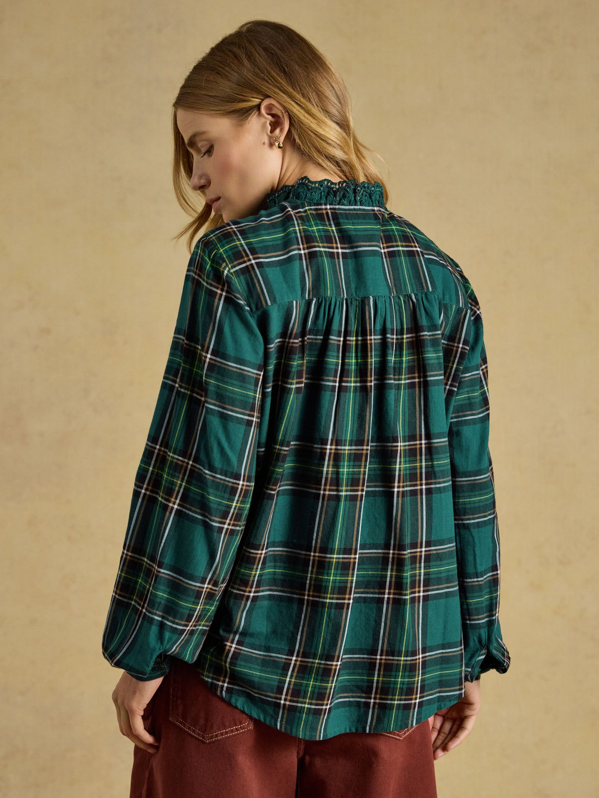 Melanie Check Brushed Frill Neck Blouse - Green