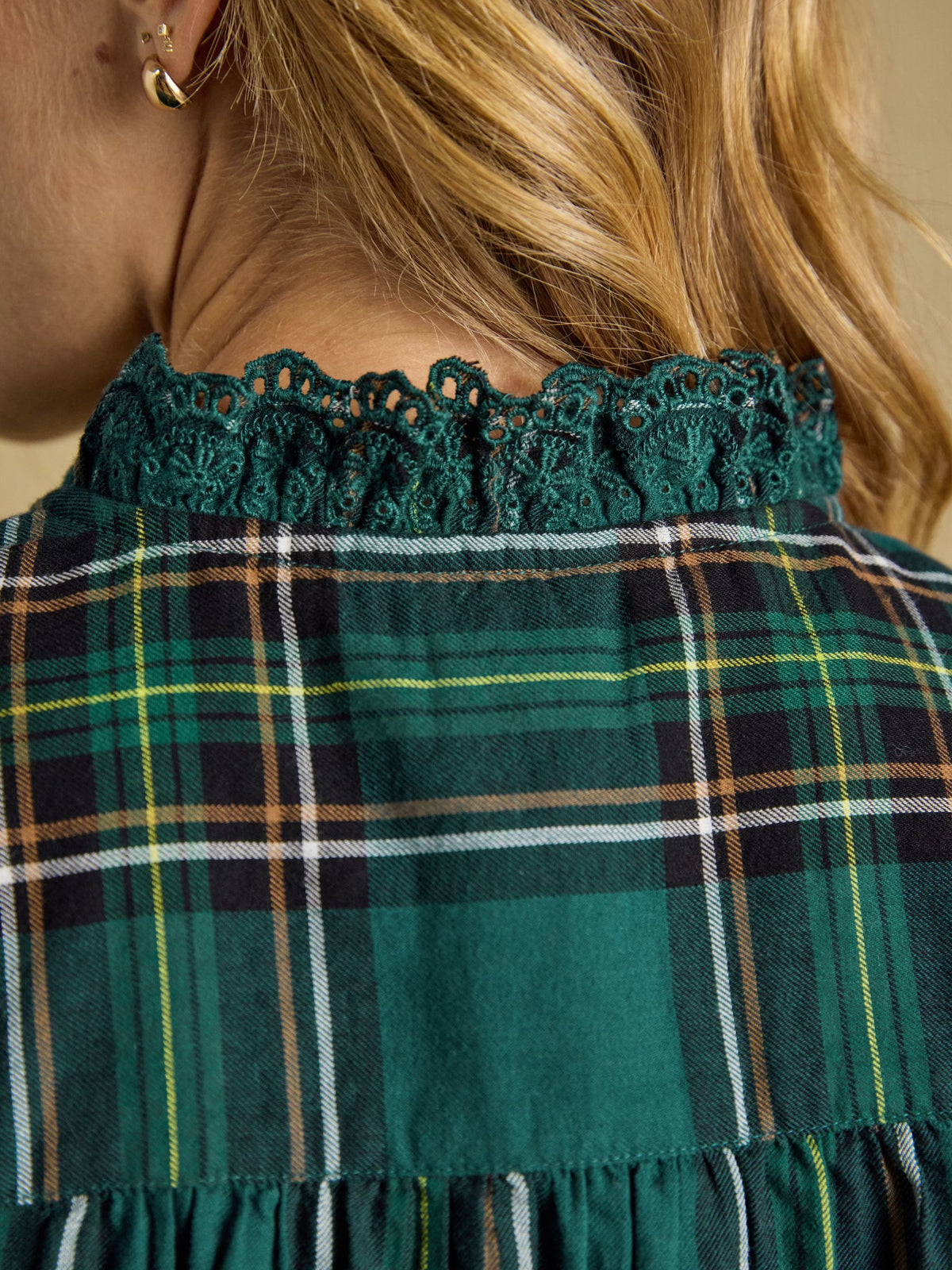 Melanie Check Brushed Frill Neck Blouse - Green
