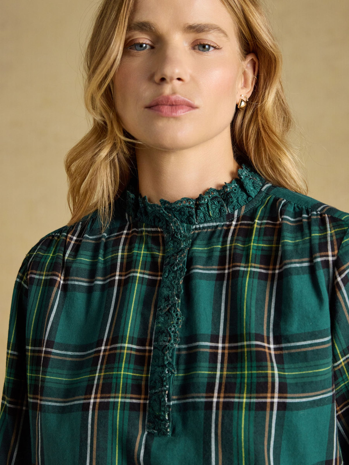 Melanie Check Brushed Frill Neck Blouse - Green