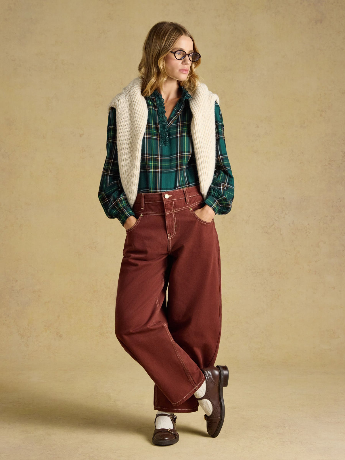 Melanie Check Brushed Frill Neck Blouse - Green