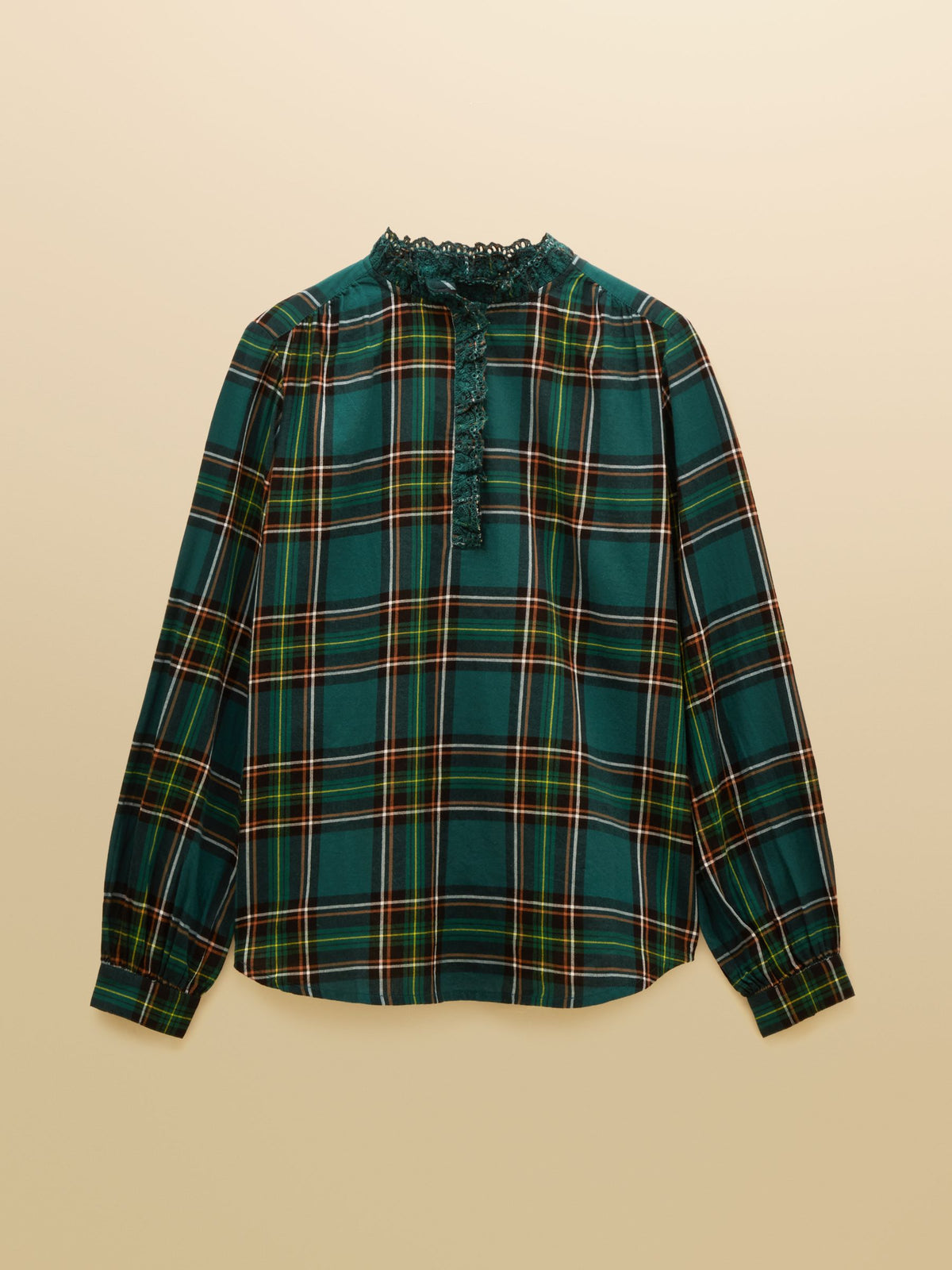 Melanie Check Brushed Frill Neck Blouse - Green
