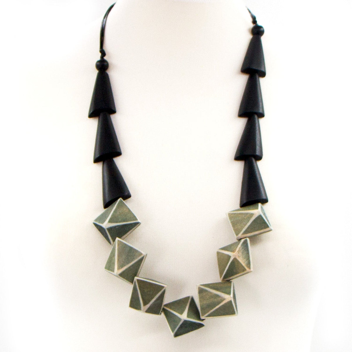 Geometric wood shape contemporary beaded necklace