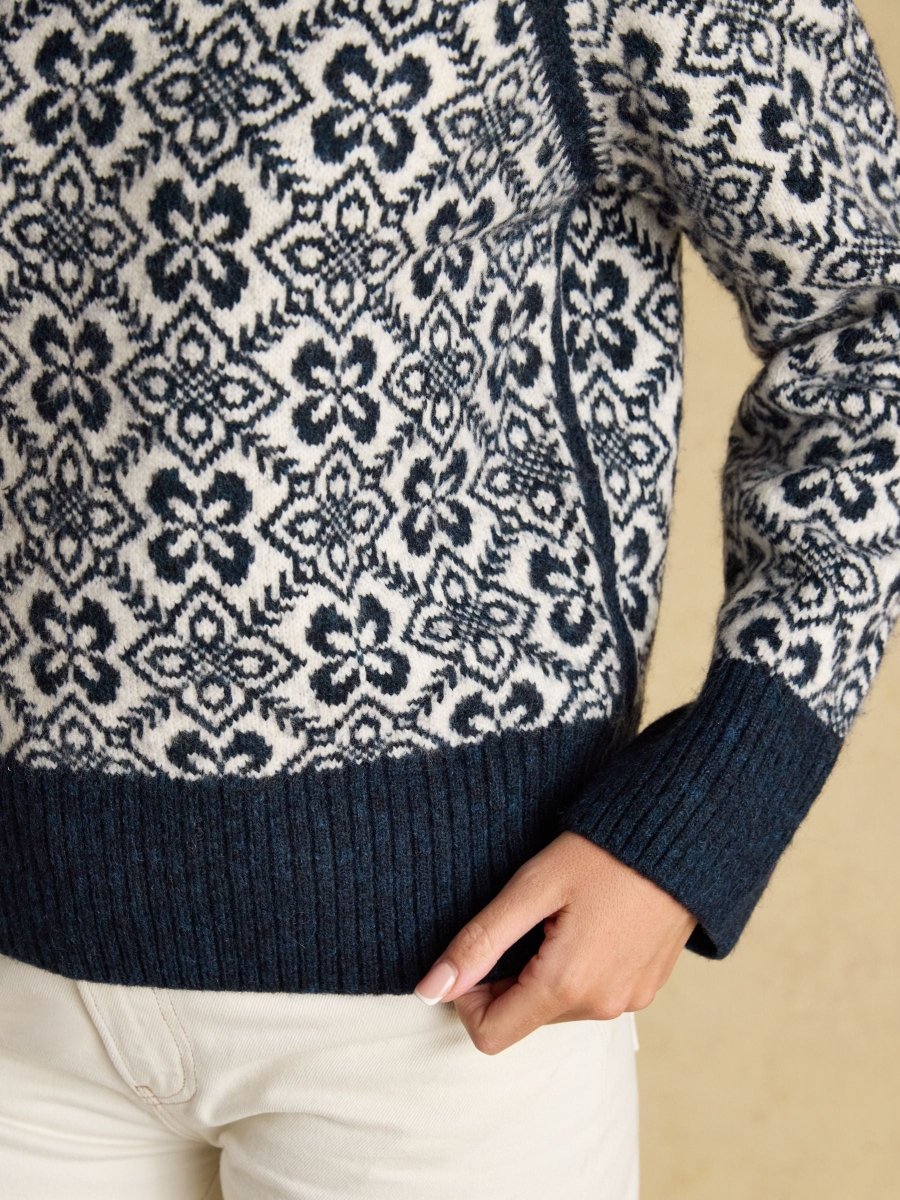 Addison Navy & Cream Patterned Knitted Jumper with Detachable Roll Neck - RUTHERFORD & Co