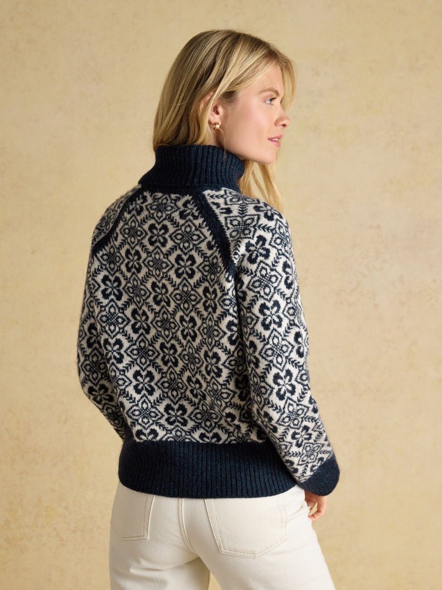 Addison Navy & Cream Patterned Knitted Jumper with Detachable Roll Neck - RUTHERFORD & Co