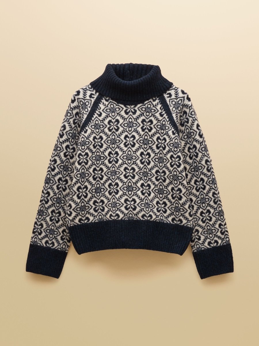 Addison Navy & Cream Patterned Knitted Jumper with Detachable Roll Neck - RUTHERFORD & Co