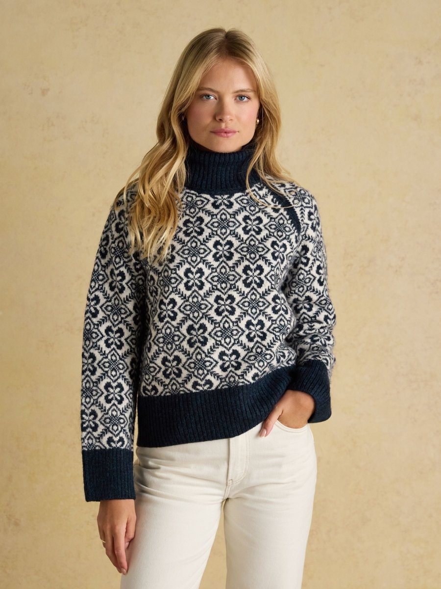 Addison Navy & Cream Patterned Knitted Jumper with Detachable Roll Neck - RUTHERFORD & Co