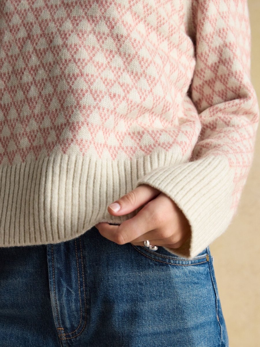 Addison Pink & Cream Patterned Knitted Jumper with Detachable Roll Neck - RUTHERFORD & Co