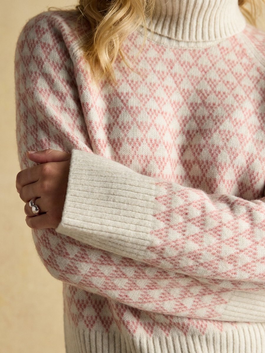 Addison Pink & Cream Patterned Knitted Jumper with Detachable Roll Neck - RUTHERFORD & Co