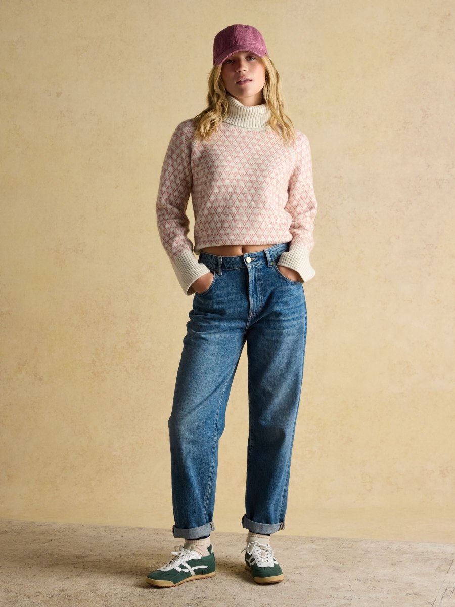 Addison Pink & Cream Patterned Knitted Jumper with Detachable Roll Neck - RUTHERFORD & Co