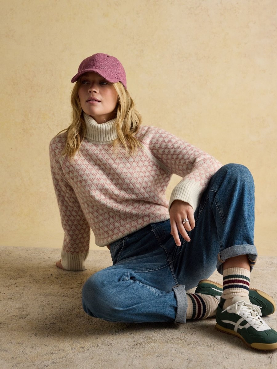 Addison Pink & Cream Patterned Knitted Jumper with Detachable Roll Neck - RUTHERFORD & Co