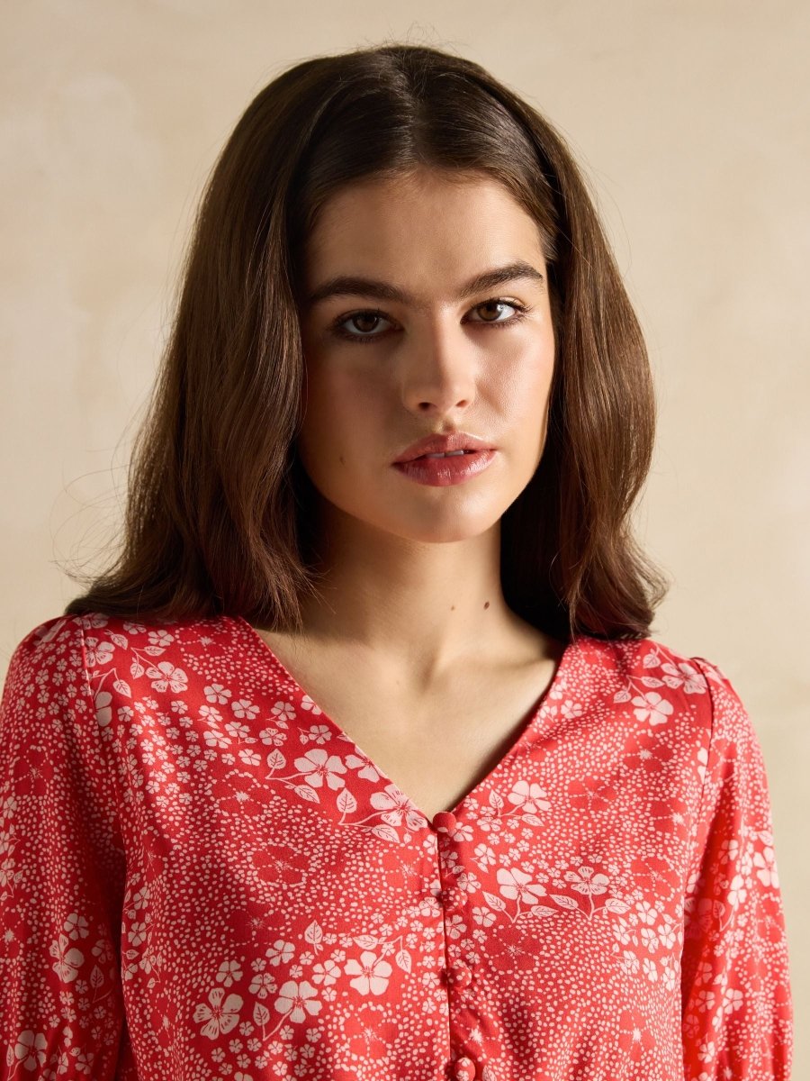 Adele Red V - Neck Elbow Length Sleeve Midi Dress - RUTHERFORD & Co