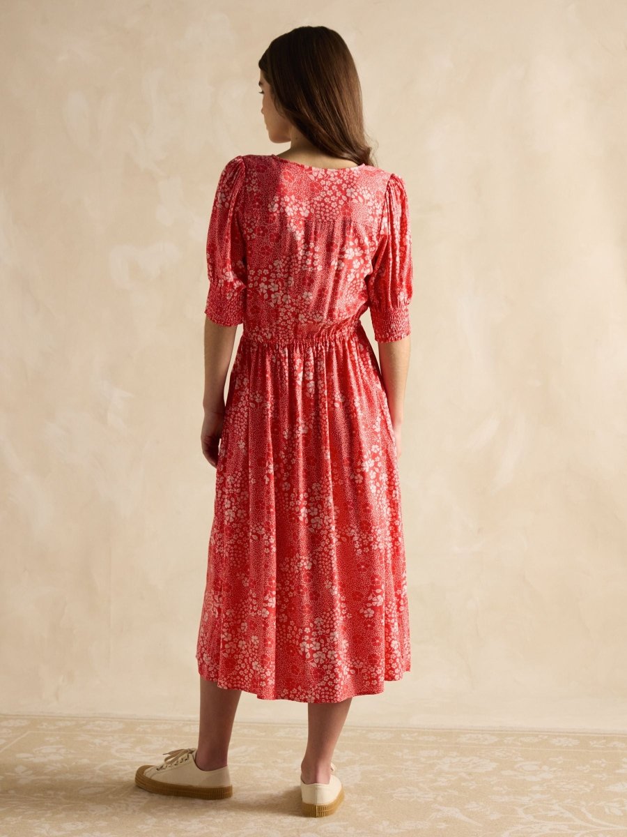 Adele Red V - Neck Elbow Length Sleeve Midi Dress - RUTHERFORD & Co