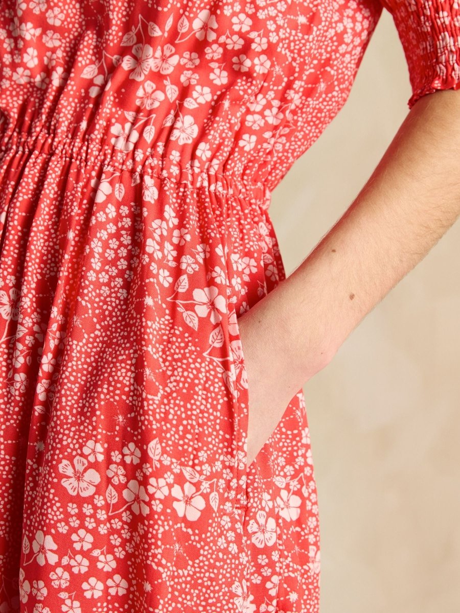 Adele Red V - Neck Elbow Length Sleeve Midi Dress - RUTHERFORD & Co