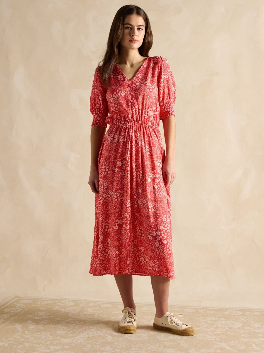 Adele Red V - Neck Elbow Length Sleeve Midi Dress - RUTHERFORD & Co