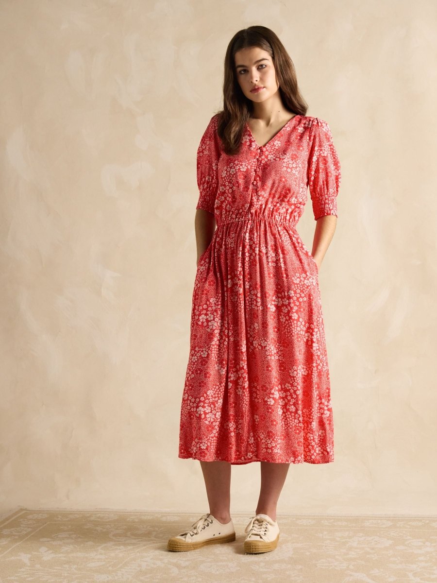 Adele Red V - Neck Elbow Length Sleeve Midi Dress - RUTHERFORD & Co