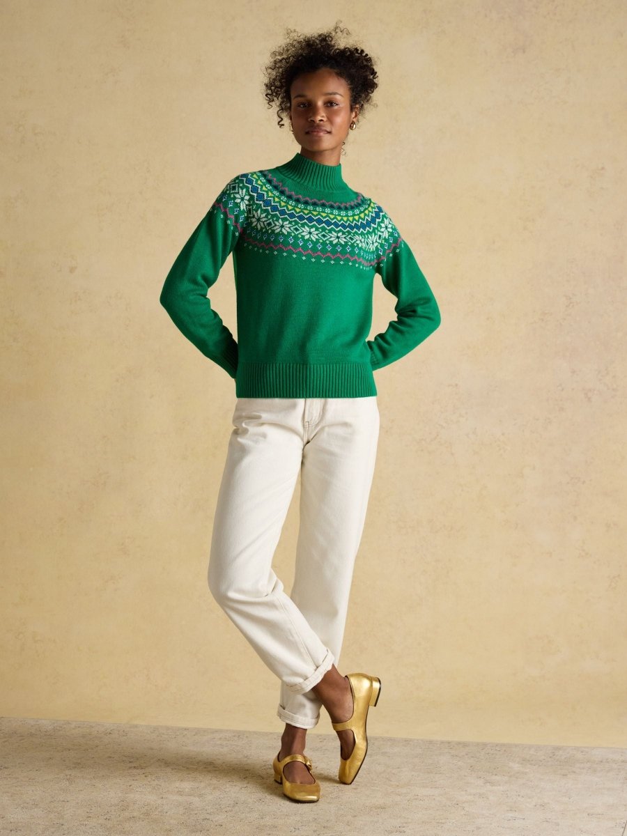 Alba Green Fair Isle High Neck Cotton - Blend Jumper - RUTHERFORD & Co