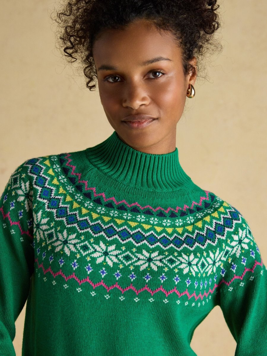 Alba Green Fair Isle High Neck Cotton - Blend Jumper - RUTHERFORD & Co