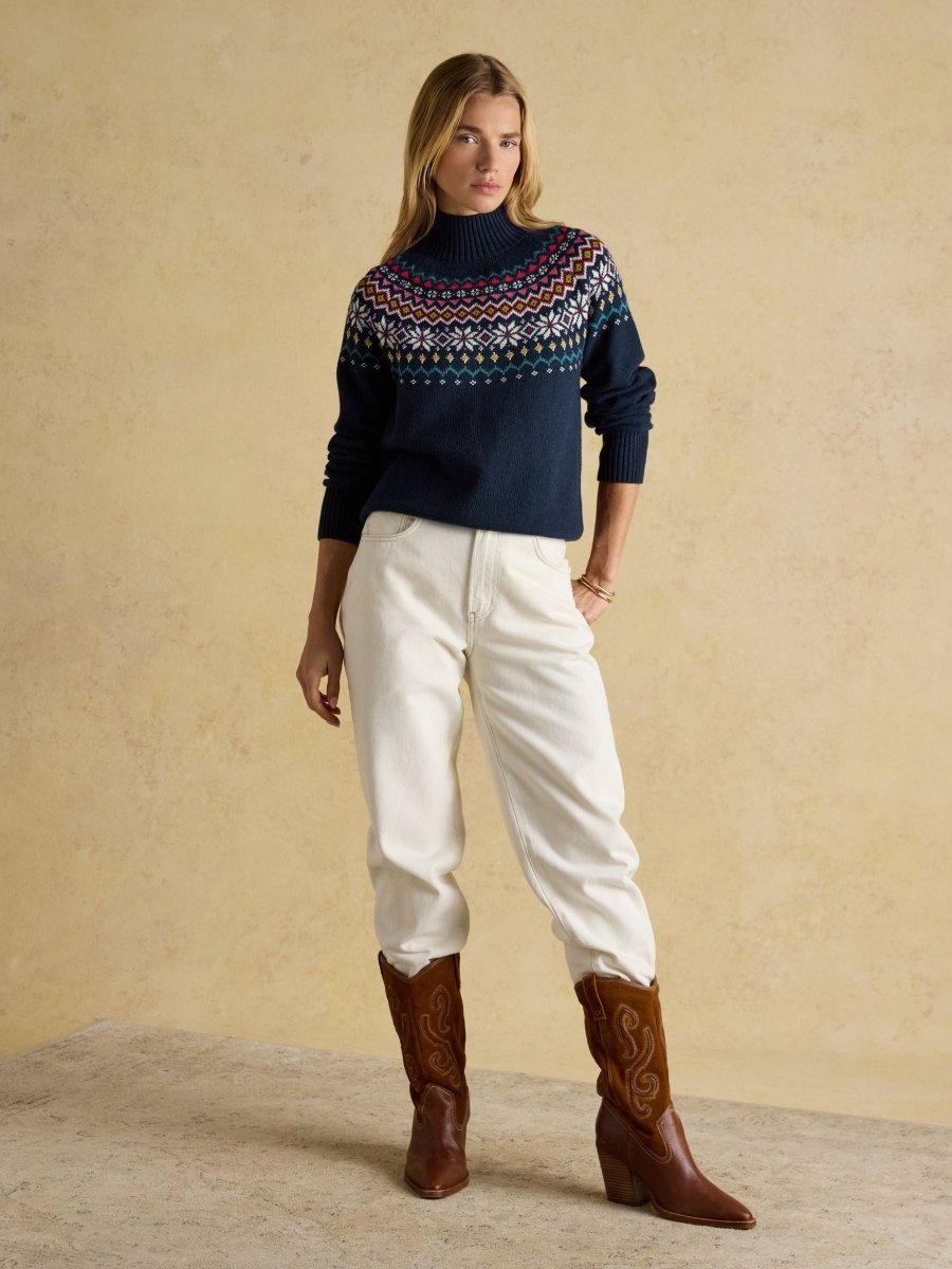 Alba Navy Fair Isle High Neck Cotton - Blend Jumper - RUTHERFORD & Co