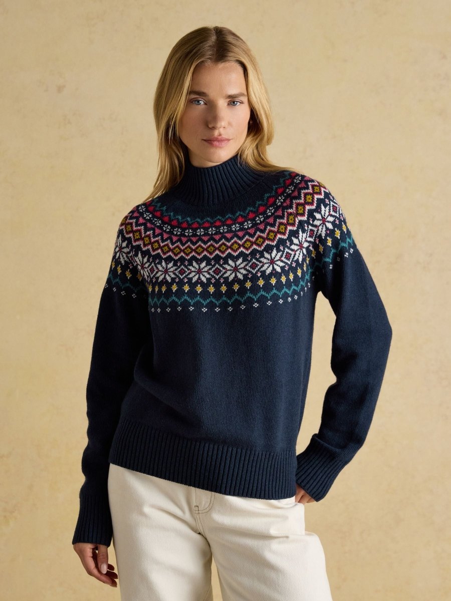 Alba Navy Fair Isle High Neck Cotton - Blend Jumper - RUTHERFORD & Co
