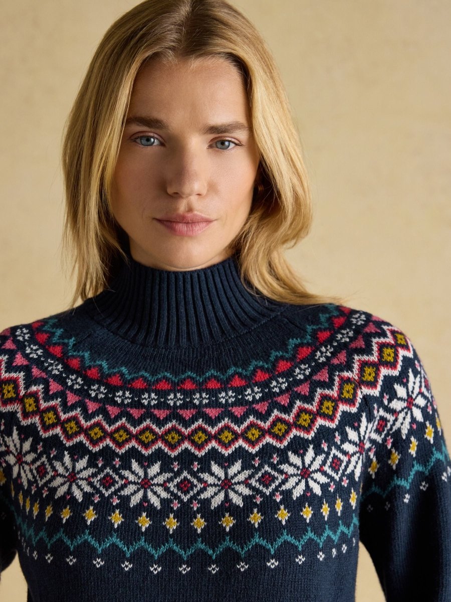 Alba Navy Fair Isle High Neck Cotton - Blend Jumper - RUTHERFORD & Co