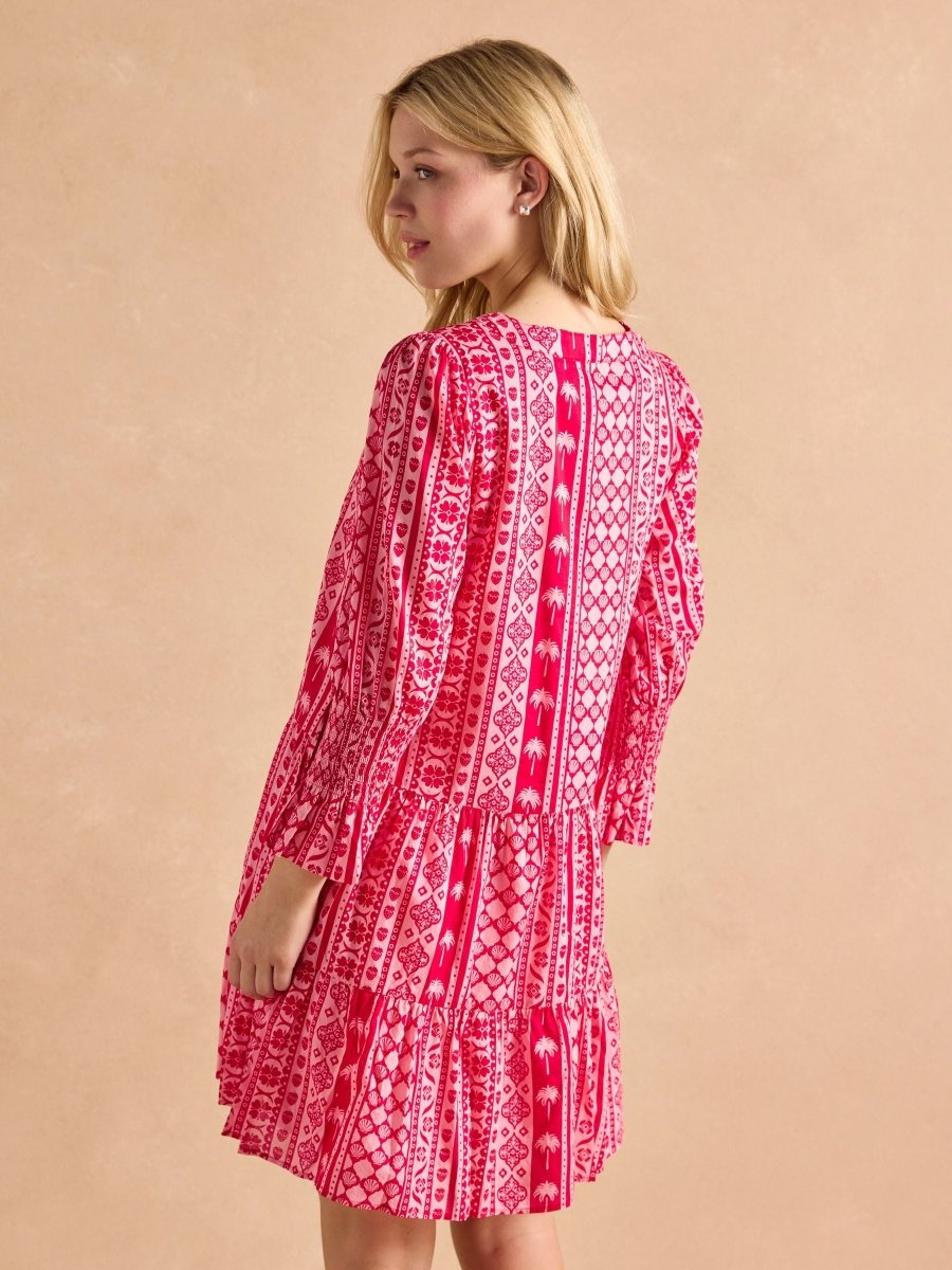 Alessia Pink Cotton V - Neck 3/4 Length Sleeve Tiered Dress - RUTHERFORD & Co