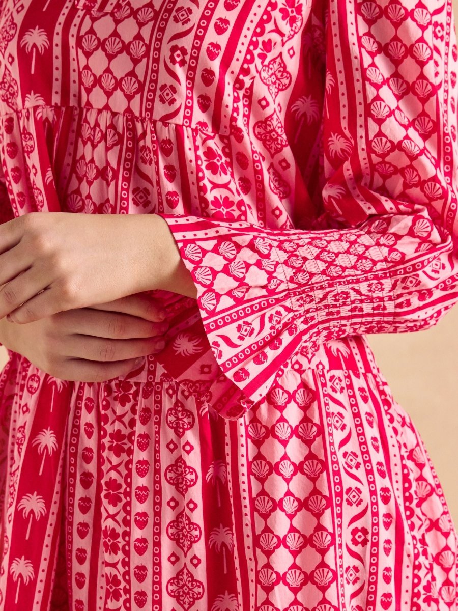 Alessia Pink Cotton V - Neck 3/4 Length Sleeve Tiered Dress - RUTHERFORD & Co