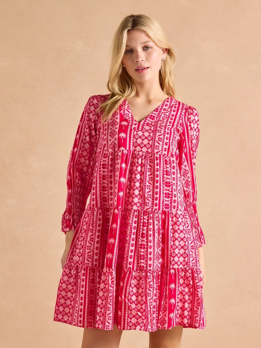 Alessia Pink Cotton V - Neck 3/4 Length Sleeve Tiered Dress - RUTHERFORD & Co