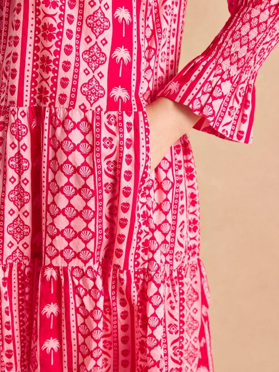 Alessia Pink Cotton V - Neck 3/4 Length Sleeve Tiered Dress - RUTHERFORD & Co