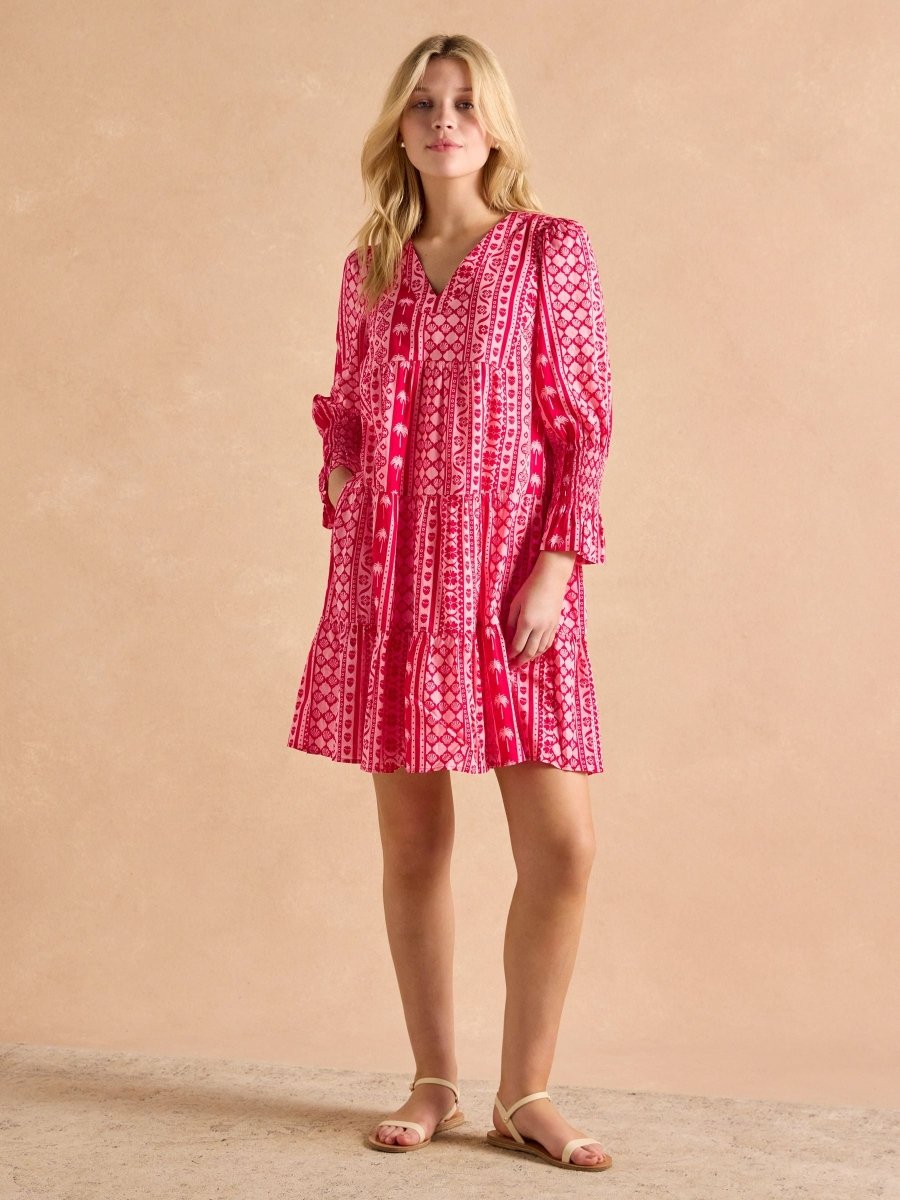 Alessia Pink Cotton V - Neck 3/4 Length Sleeve Tiered Dress - RUTHERFORD & Co