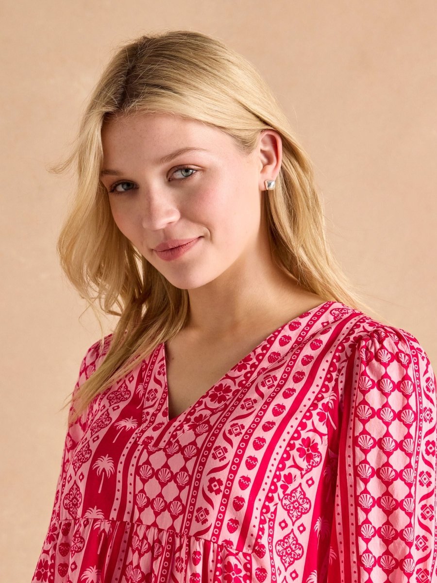 Alessia Pink Cotton V - Neck 3/4 Length Sleeve Tiered Dress - RUTHERFORD & Co
