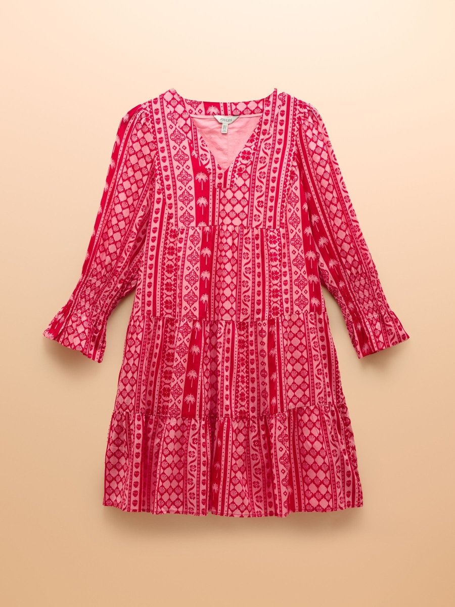 Alessia Pink Cotton V - Neck 3/4 Length Sleeve Tiered Dress - RUTHERFORD & Co
