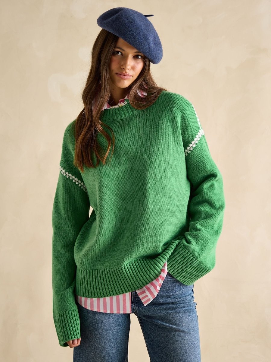 Alexandra Green Blanket Stitch Jumper - RUTHERFORD & Co
