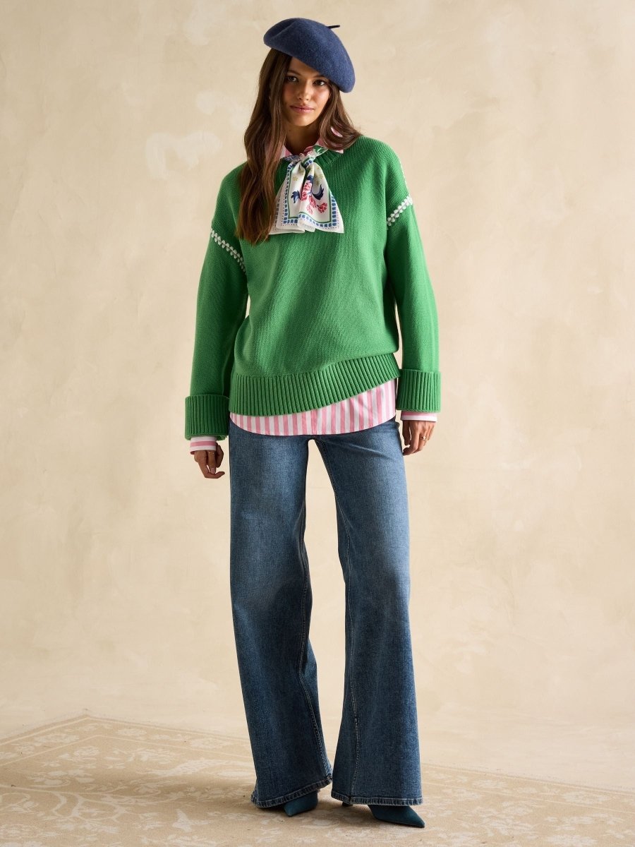 Alexandra Green Blanket Stitch Jumper - RUTHERFORD & Co