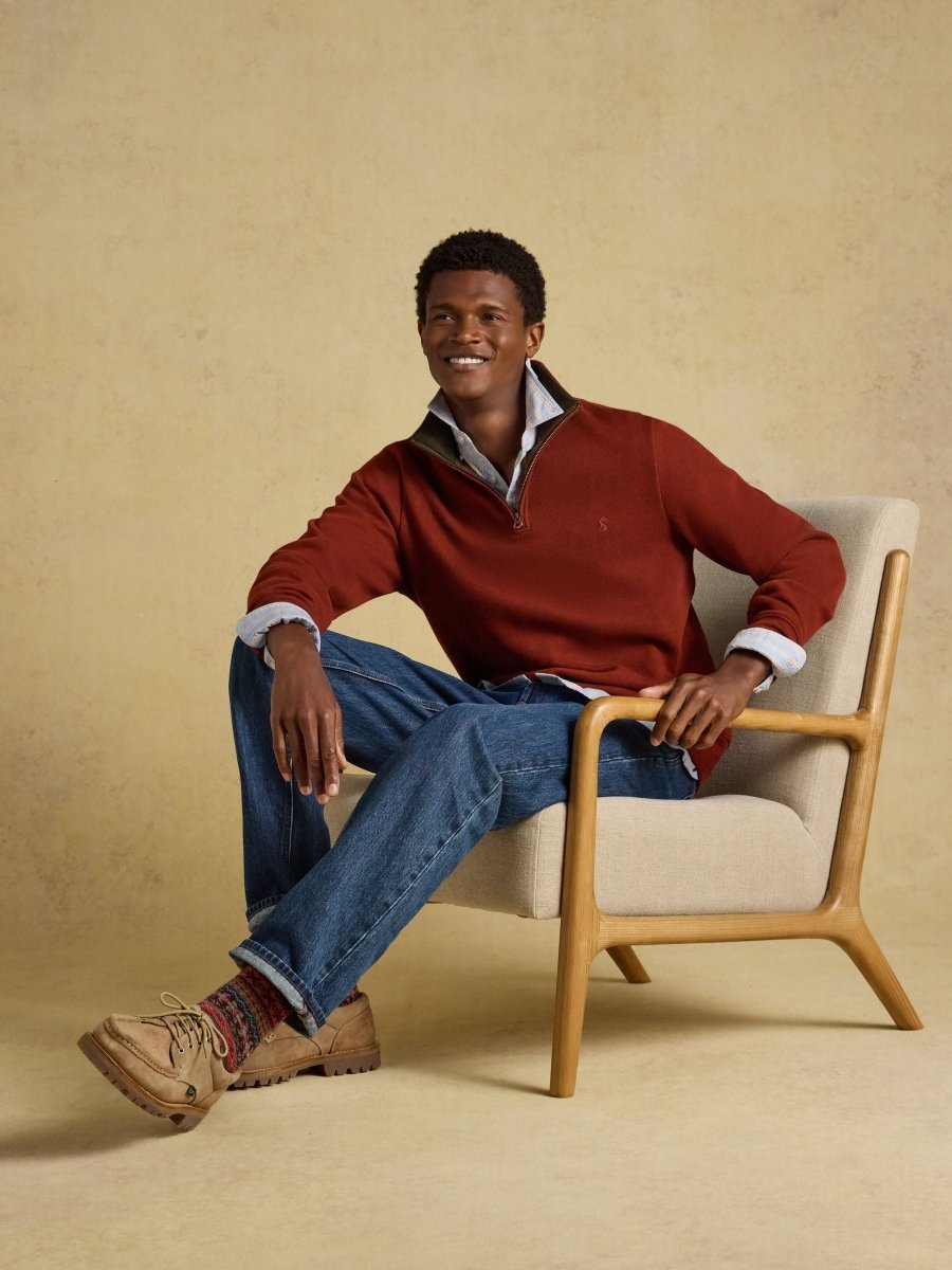 Alistair French Ribbed Quarter Zip Sweatshirt - Red - RUTHERFORD & Co