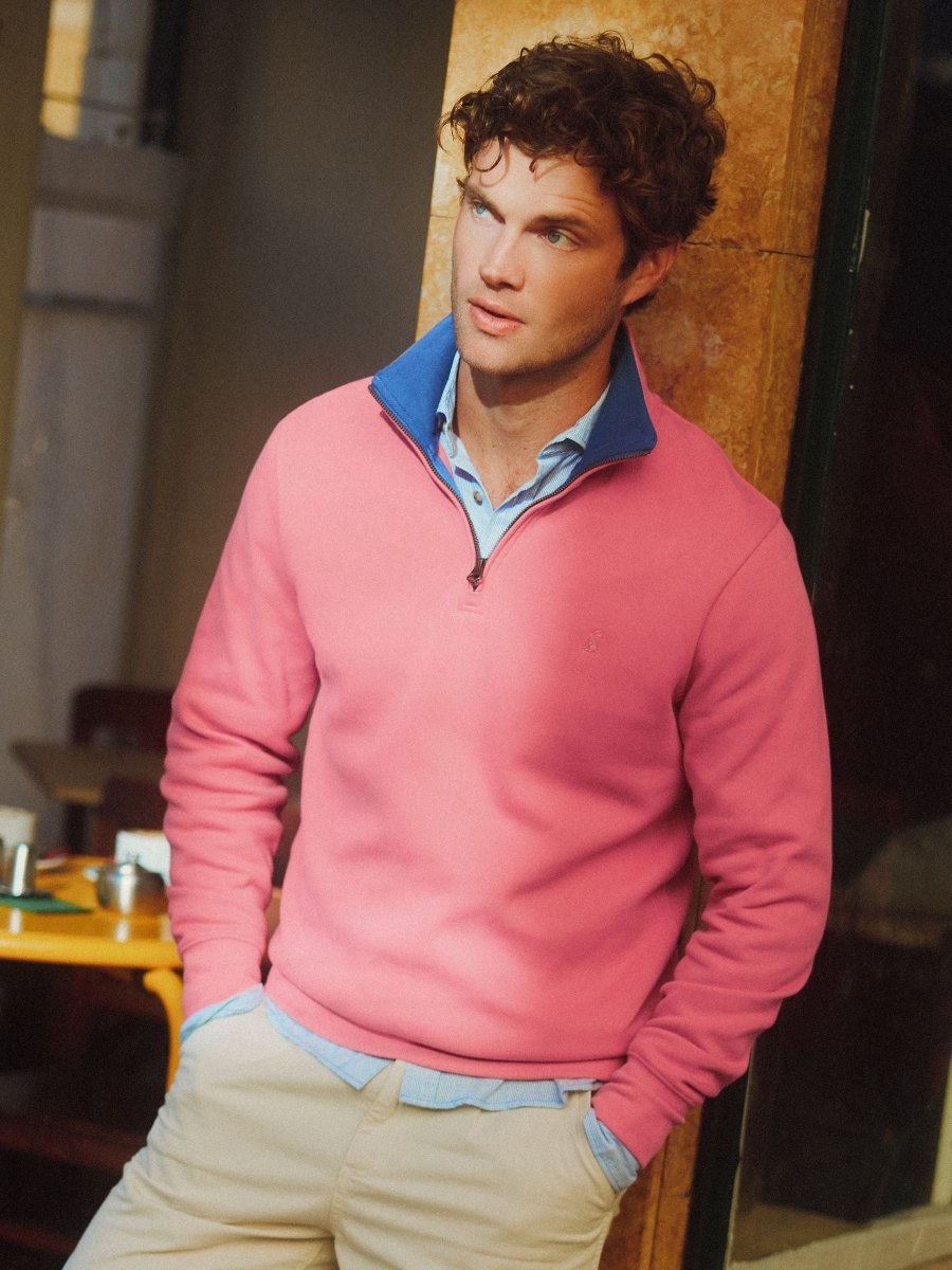 Alistair Pink French Ribbed Knit Quarter Zip Sweatshirt - RUTHERFORD & Co
