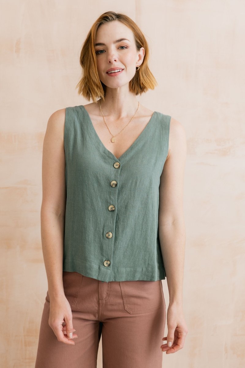 Allium Two Way Button Through Vest Laurel Green - RUTHERFORD & Co