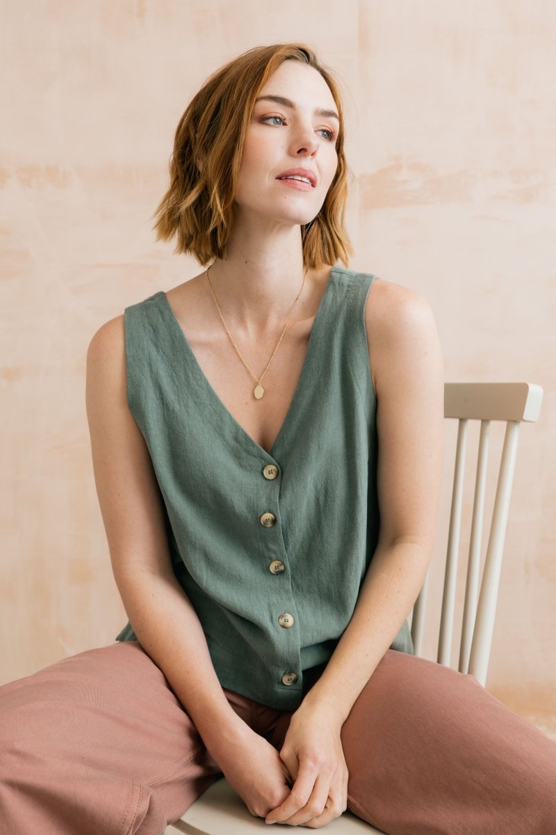 Allium Two Way Button Through Vest Laurel Green - RUTHERFORD & Co