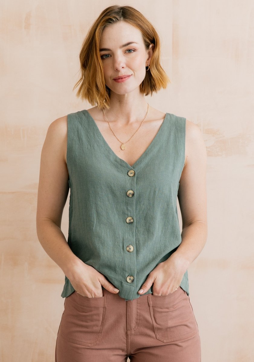 Allium Two Way Button Through Vest Laurel Green - RUTHERFORD & Co