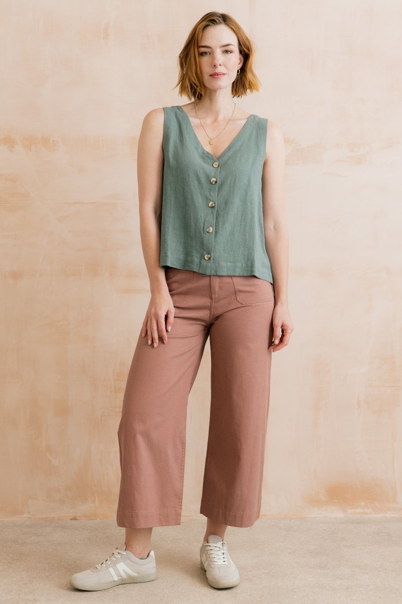 Allium Two Way Button Through Vest Laurel Green - RUTHERFORD & Co