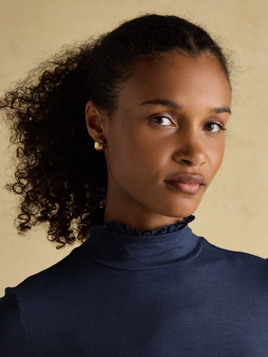 Amy Navy Long Sleeve High Neck Jersey Top - RUTHERFORD & Co