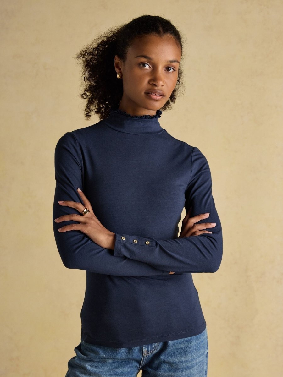 Amy Navy Long Sleeve High Neck Jersey Top - RUTHERFORD & Co