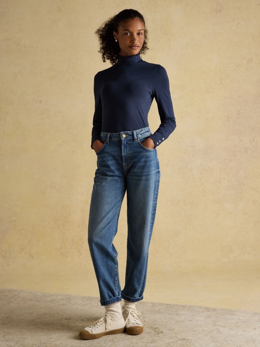 Amy Navy Long Sleeve High Neck Jersey Top - RUTHERFORD & Co